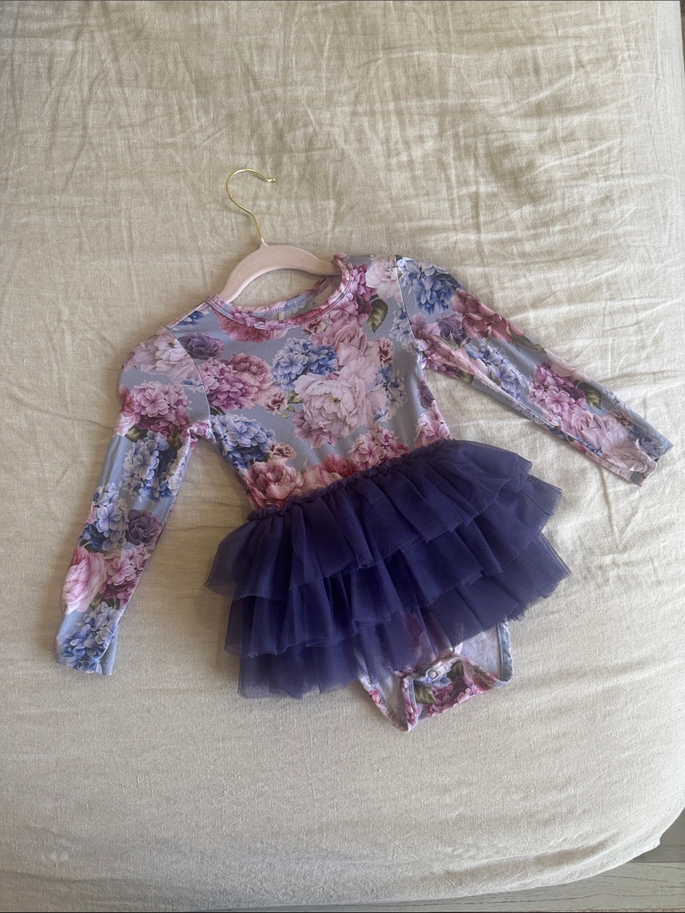 Posh Peanut Purple Floral Long-Sleeve Tutu Bodysuit